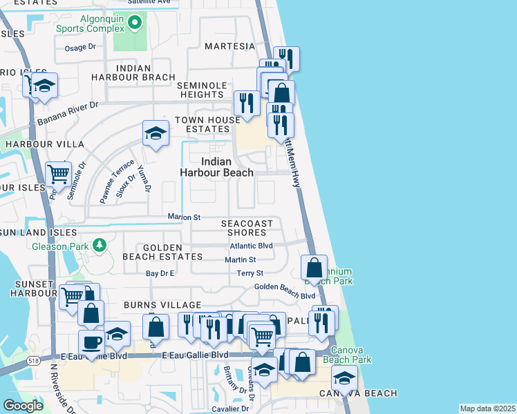 map of restaurants, bars, coffee shops, grocery stores, and more near 109 Marion Street in Satellite Beach
