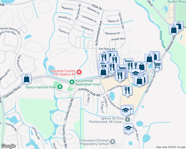 map of restaurants, bars, coffee shops, grocery stores, and more near 14 South Flag Drive in Kissimmee