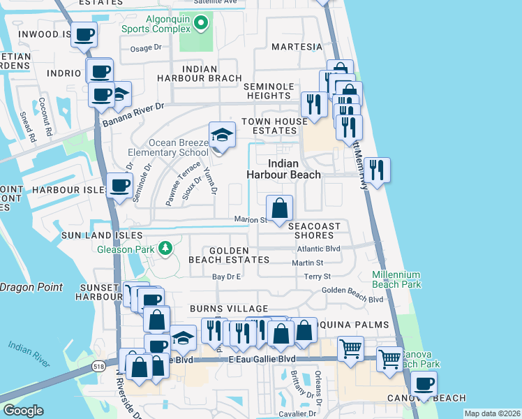 map of restaurants, bars, coffee shops, grocery stores, and more near 225 Marion Street in Satellite Beach
