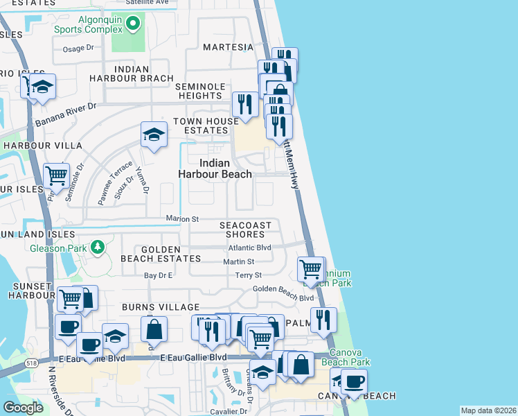 map of restaurants, bars, coffee shops, grocery stores, and more near 913 South Colonial Court in Indian Harbour Beach