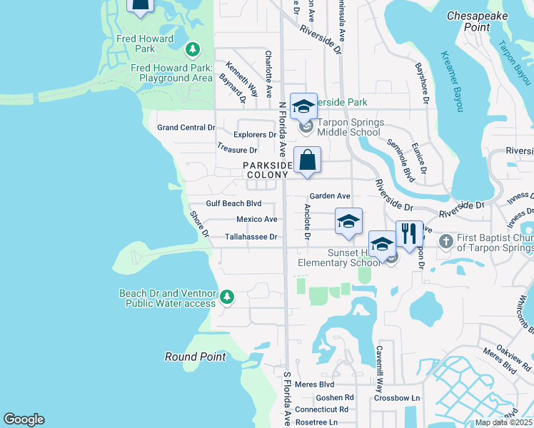 map of restaurants, bars, coffee shops, grocery stores, and more near 1602 Mexico Avenue in Tarpon Springs