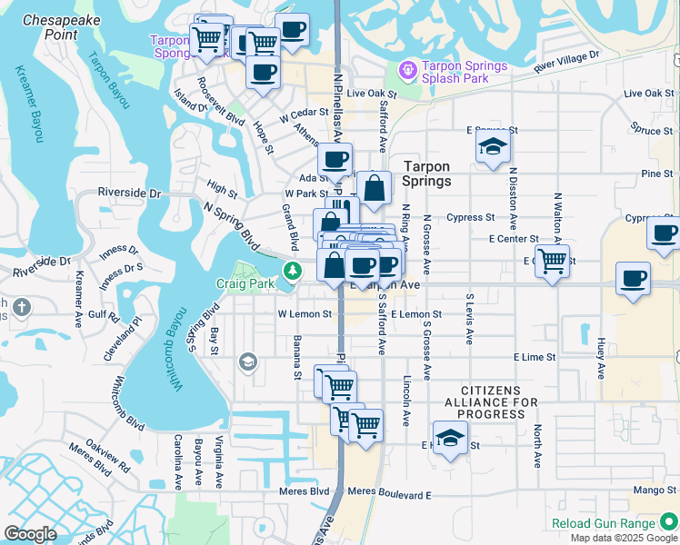 map of restaurants, bars, coffee shops, grocery stores, and more near 15 North Pinellas Avenue in Tarpon Springs