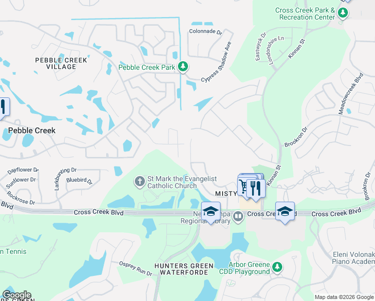 map of restaurants, bars, coffee shops, grocery stores, and more near 18215 Sweet Jasmine Drive in Tampa