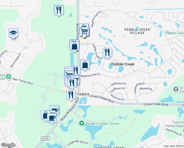 map of restaurants, bars, coffee shops, grocery stores, and more near 18420 Aintree Court in Tampa