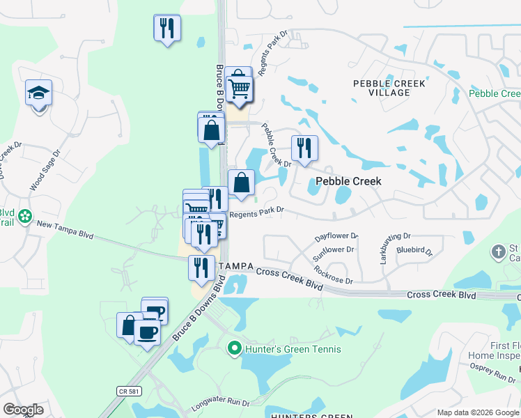 map of restaurants, bars, coffee shops, grocery stores, and more near 18302 Aintree Court in Tampa