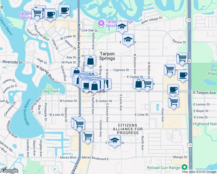 map of restaurants, bars, coffee shops, grocery stores, and more near 425 East Orange Street in Tarpon Springs