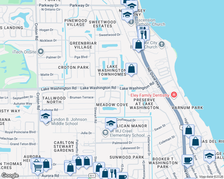 map of restaurants, bars, coffee shops, grocery stores, and more near 1844 Clover Circle in Melbourne