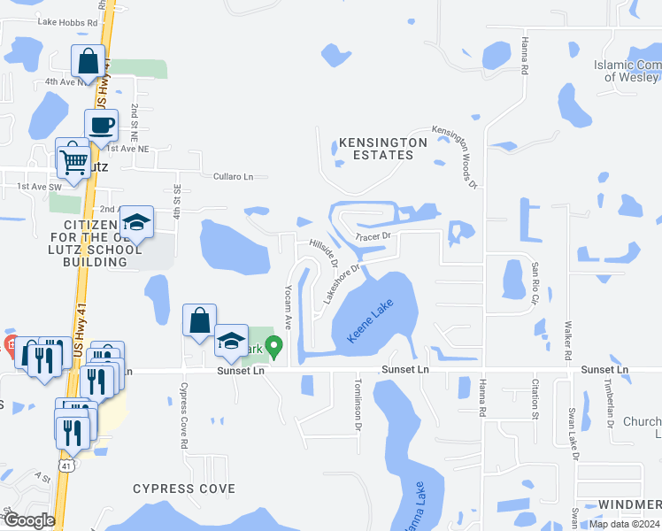 map of restaurants, bars, coffee shops, grocery stores, and more near 921 Hillside Drive in Lutz