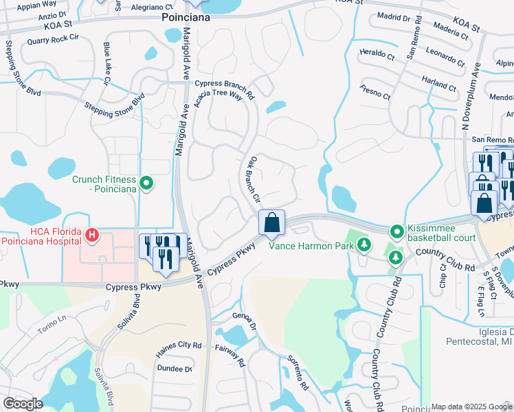 map of restaurants, bars, coffee shops, grocery stores, and more near 589 Oak Branch Circle in Kissimmee