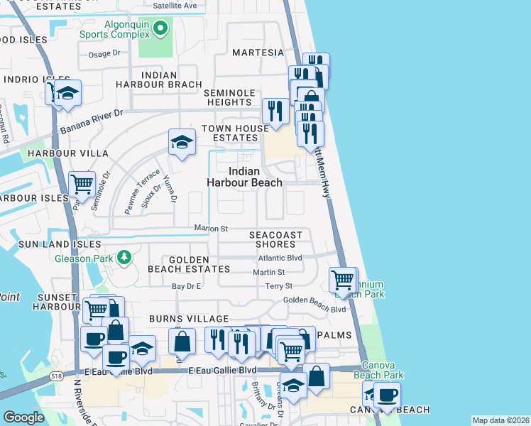 map of restaurants, bars, coffee shops, grocery stores, and more near 515 Ronnie Drive in Indian Harbour Beach