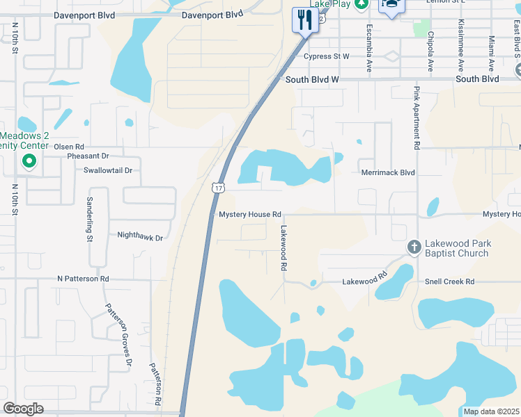 map of restaurants, bars, coffee shops, grocery stores, and more near 306 Mystery House Road in Davenport