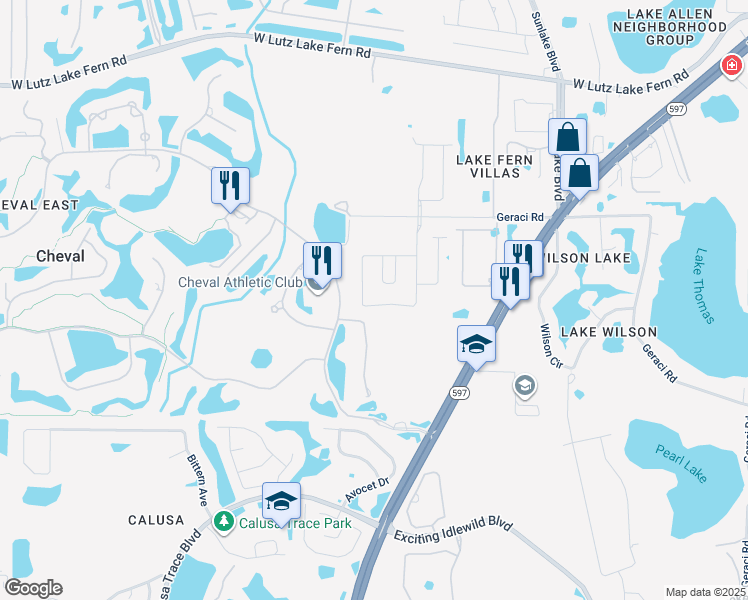 map of restaurants, bars, coffee shops, grocery stores, and more near 18740 Birchwood Groves Drive in Lutz