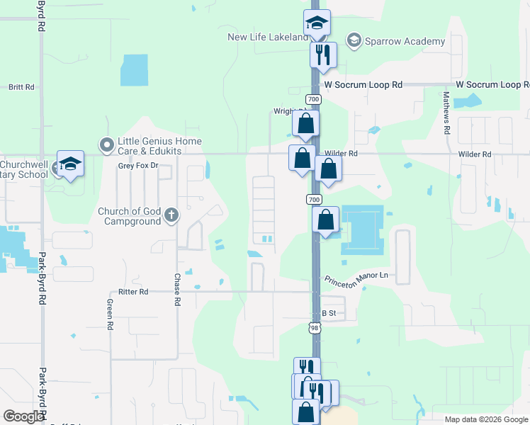 map of restaurants, bars, coffee shops, grocery stores, and more near 18 Leroy Drive East in Lakeland