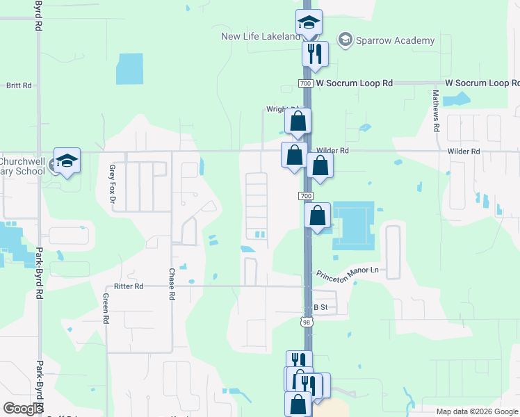map of restaurants, bars, coffee shops, grocery stores, and more near 18 Leroy Drive East in Lakeland