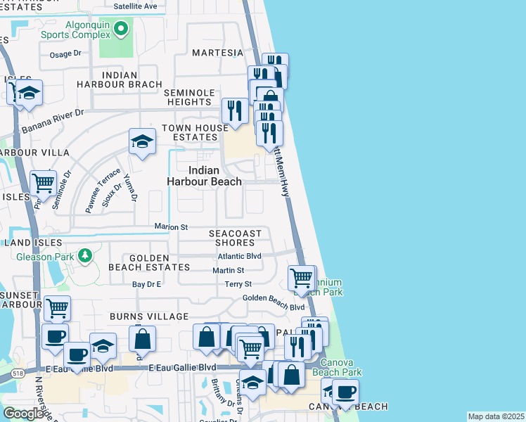map of restaurants, bars, coffee shops, grocery stores, and more near 125 East Colonial Court in Indian Harbour Beach