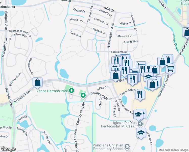 map of restaurants, bars, coffee shops, grocery stores, and more near 751 Cypress Parkway in Poinciana