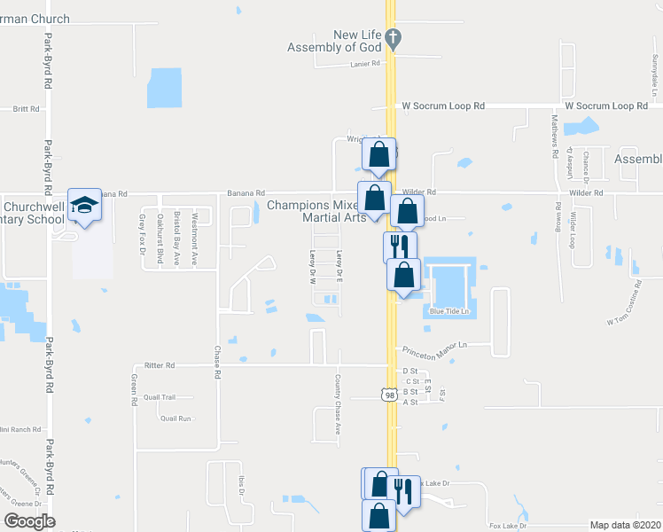 map of restaurants, bars, coffee shops, grocery stores, and more near 18 Leroy Drive East in Lakeland