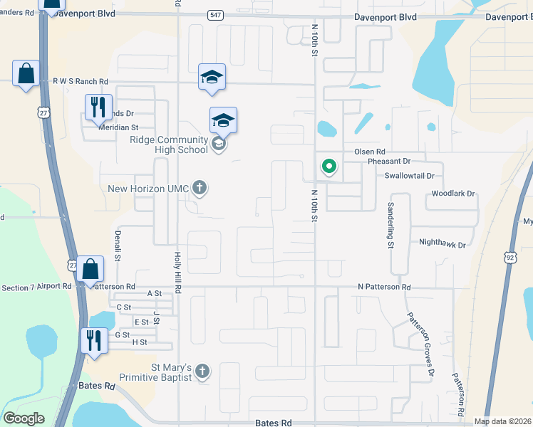 map of restaurants, bars, coffee shops, grocery stores, and more near 234 Merlin Street in Haines City
