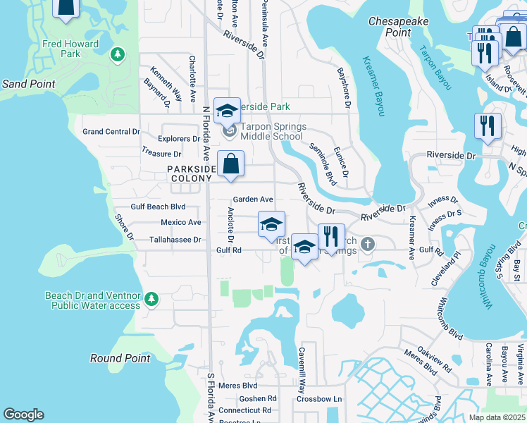 map of restaurants, bars, coffee shops, grocery stores, and more near 1403 Garden Avenue in Tarpon Springs