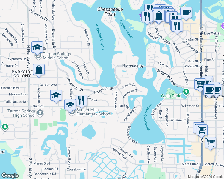 map of restaurants, bars, coffee shops, grocery stores, and more near 518 Riverside Drive in Tarpon Springs