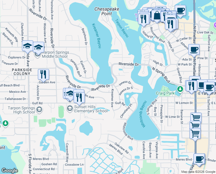 map of restaurants, bars, coffee shops, grocery stores, and more near 530 Riverside Drive in Tarpon Springs