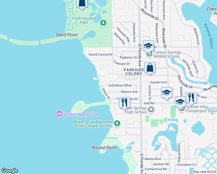 map of restaurants, bars, coffee shops, grocery stores, and more near 1907 Gulf Beach Boulevard in Tarpon Springs