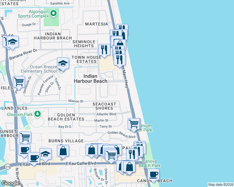 map of restaurants, bars, coffee shops, grocery stores, and more near 125 East Colonial Court in Indian Harbour Beach