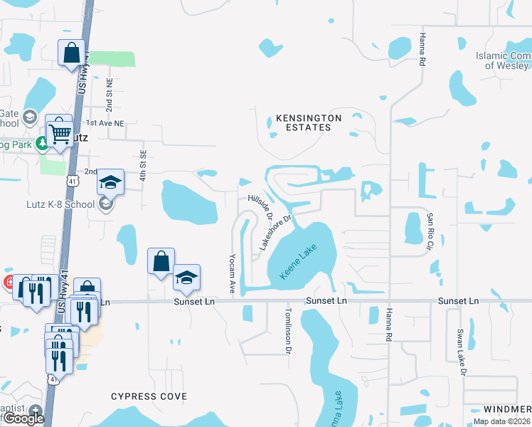 map of restaurants, bars, coffee shops, grocery stores, and more near 915 Hillside Drive in Lutz