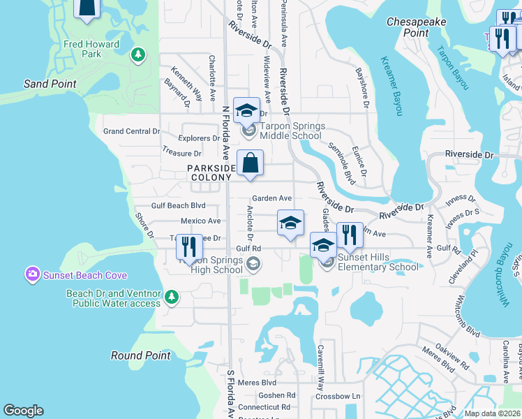map of restaurants, bars, coffee shops, grocery stores, and more near 1419 Garden Avenue in Tarpon Springs