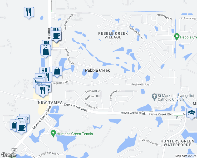 map of restaurants, bars, coffee shops, grocery stores, and more near 9210 Regents Park Drive in Tampa