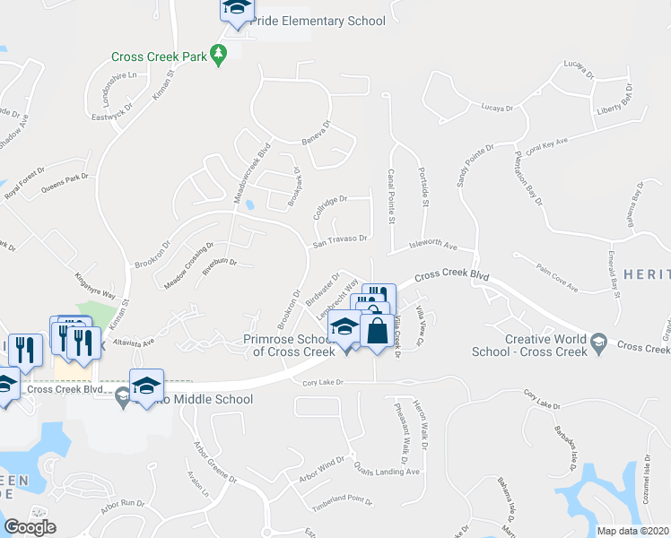 map of restaurants, bars, coffee shops, grocery stores, and more near 18202 Birdwater Drive in Tampa