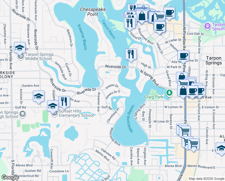 map of restaurants, bars, coffee shops, grocery stores, and more near 421 Inness Drive in Tarpon Springs