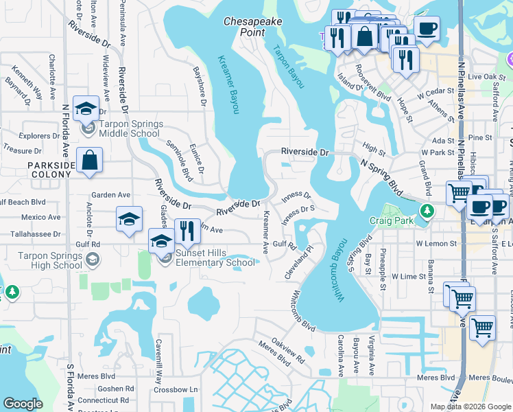 map of restaurants, bars, coffee shops, grocery stores, and more near 530 Riverside Drive in Tarpon Springs