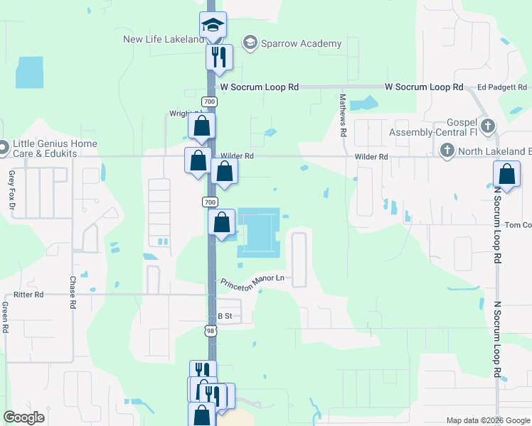 map of restaurants, bars, coffee shops, grocery stores, and more near 931 Pearly Ridge Lane in Lakeland