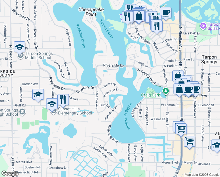 map of restaurants, bars, coffee shops, grocery stores, and more near 421 Inness Drive in Tarpon Springs
