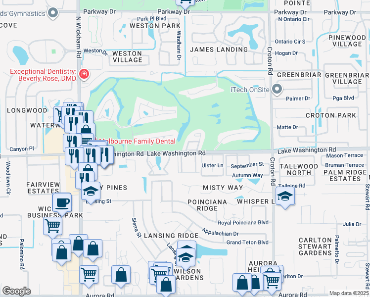 map of restaurants, bars, coffee shops, grocery stores, and more near 2504 Bogey Lane in Melbourne