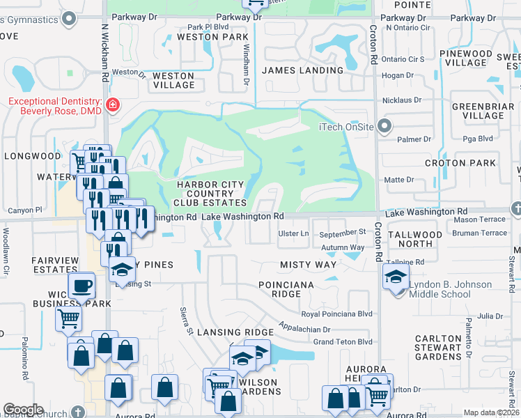 map of restaurants, bars, coffee shops, grocery stores, and more near 2600 Bogey Lane in Melbourne