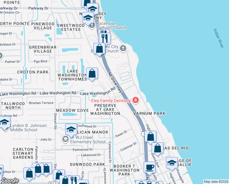 map of restaurants, bars, coffee shops, grocery stores, and more near 1195 Lake Washington Road in Melbourne