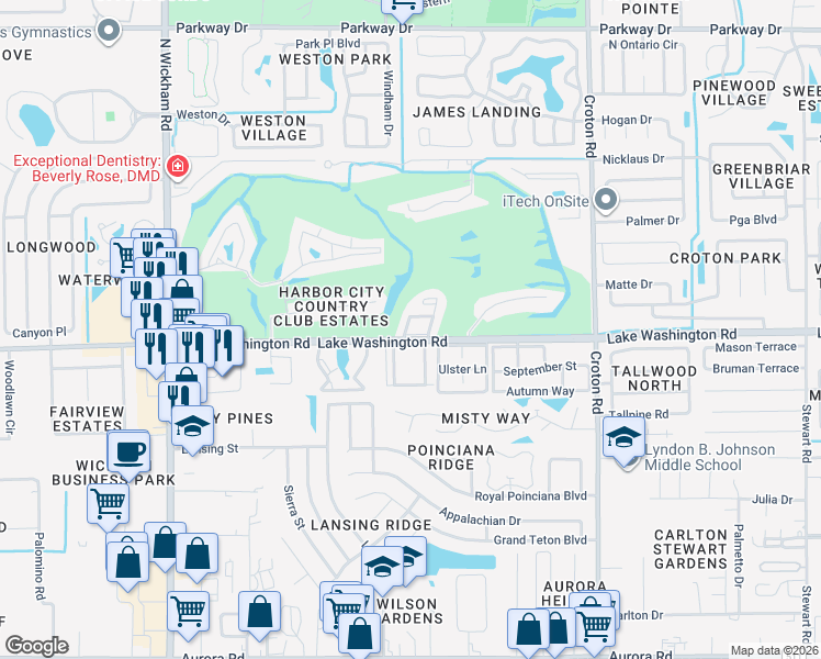 map of restaurants, bars, coffee shops, grocery stores, and more near 2600 Bogey Lane in Melbourne