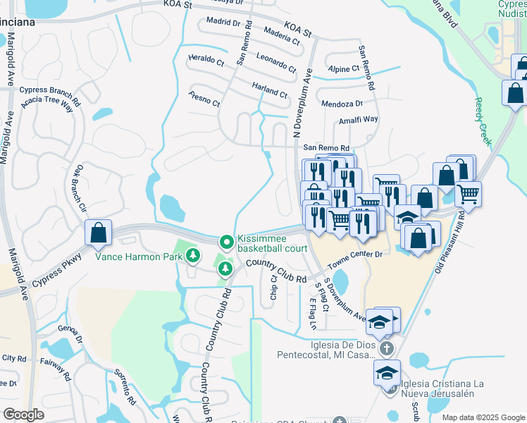 map of restaurants, bars, coffee shops, grocery stores, and more near 751 Cypress Parkway in Poinciana