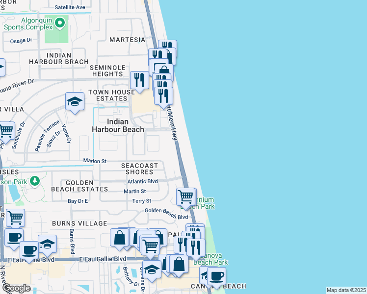 map of restaurants, bars, coffee shops, grocery stores, and more near 503 Florida A1A in Indian Harbour Beach