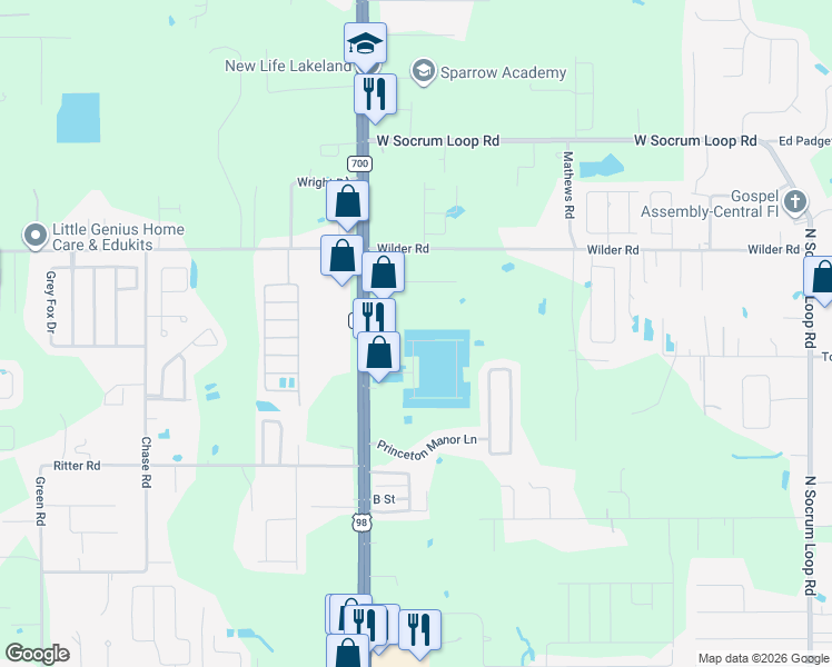 map of restaurants, bars, coffee shops, grocery stores, and more near 8201 US Highway 98 North in Lakeland