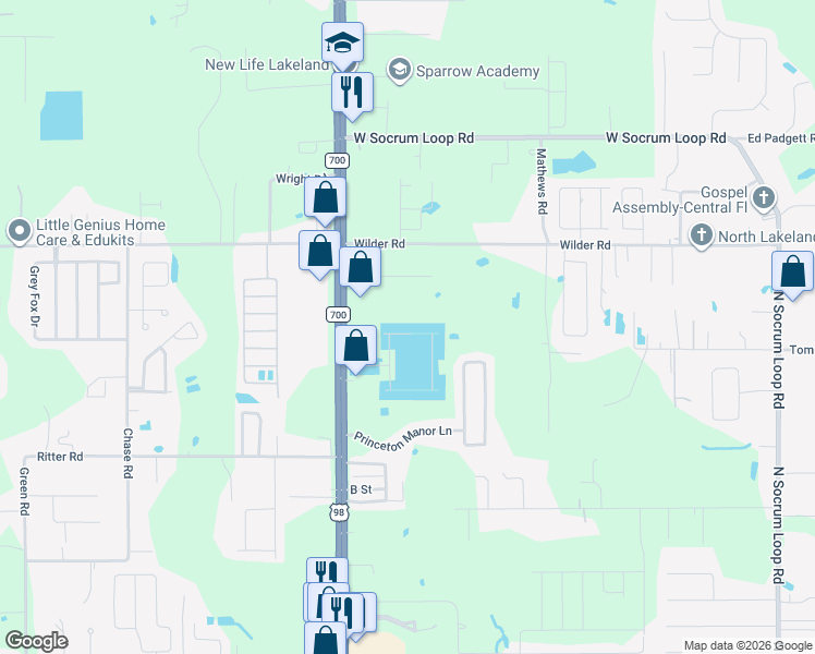 map of restaurants, bars, coffee shops, grocery stores, and more near 931 Pearly Ridge Lane in Lakeland
