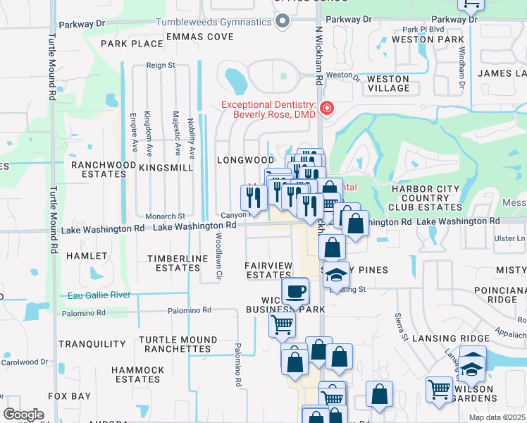 map of restaurants, bars, coffee shops, grocery stores, and more near 2477 Village Park Drive in Melbourne
