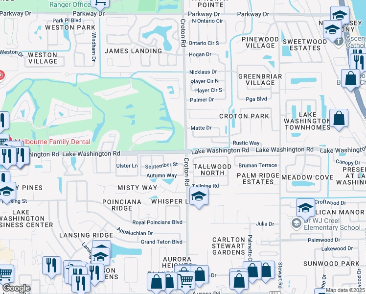 map of restaurants, bars, coffee shops, grocery stores, and more near 2470 Croton Road in Melbourne