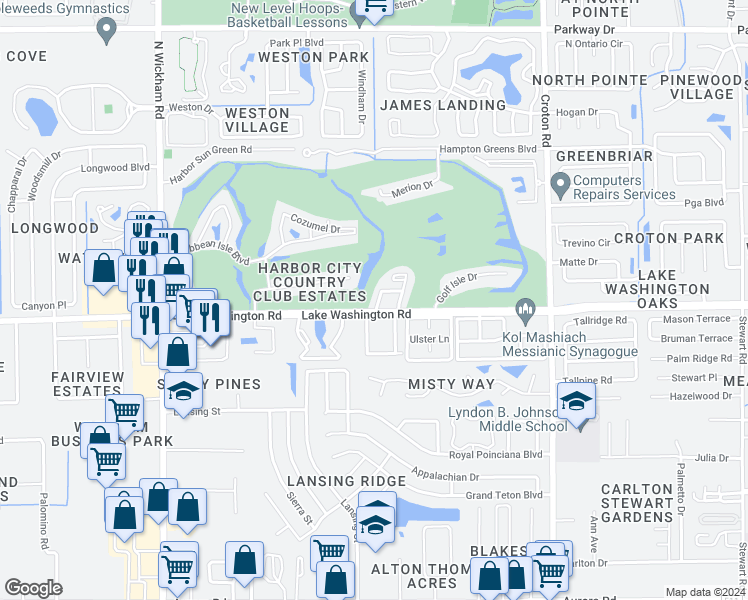map of restaurants, bars, coffee shops, grocery stores, and more near 2600 Bogey Lane in Melbourne