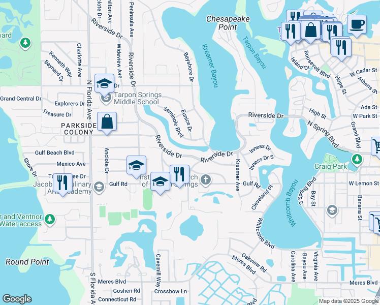 map of restaurants, bars, coffee shops, grocery stores, and more near 622 Riverside Drive in Tarpon Springs