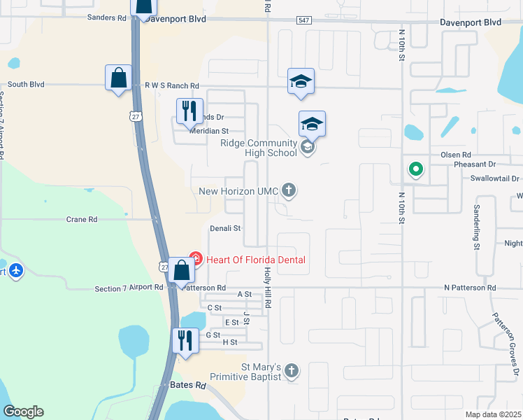 map of restaurants, bars, coffee shops, grocery stores, and more near 695 Tortugas Street in Haines City