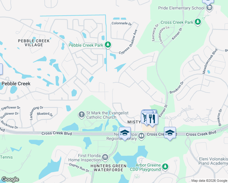 map of restaurants, bars, coffee shops, grocery stores, and more near 18215 Sweet Jasmine Drive in Tampa