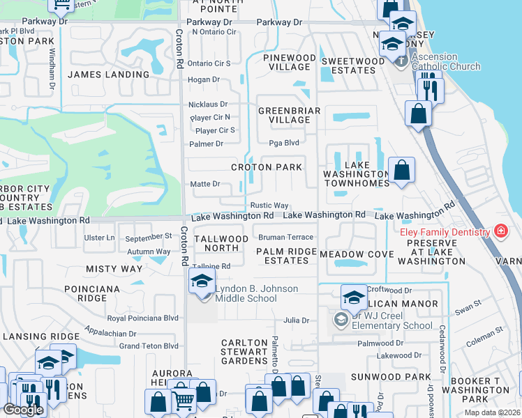 map of restaurants, bars, coffee shops, grocery stores, and more near 1659 Rustic Way in Melbourne